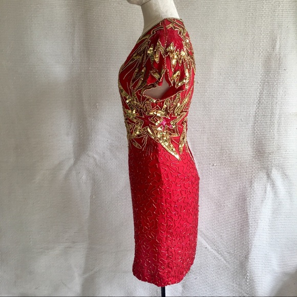 Vintage 80s 90s S/M July 4th Fireworks Silk Party Beaded Dress Holiday Stars - Picture 8 of 16